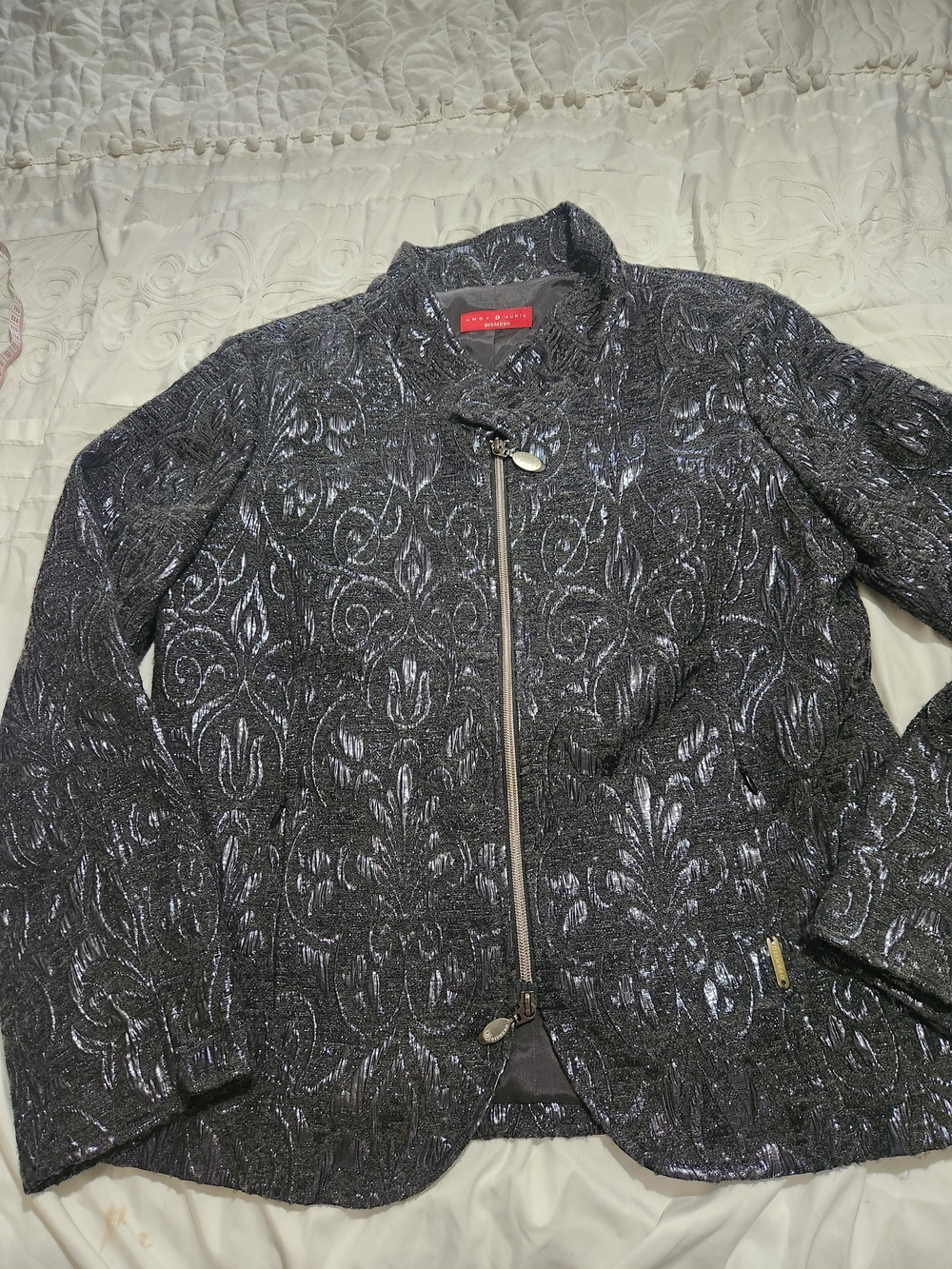 Andy D Auria Dismero Metallic Black Jacquard Zip-Front Blazer